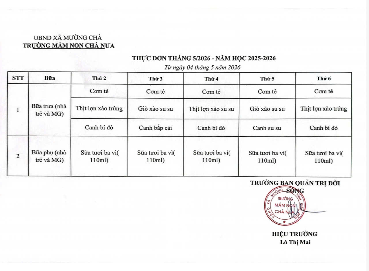 thực đơn tháng 05